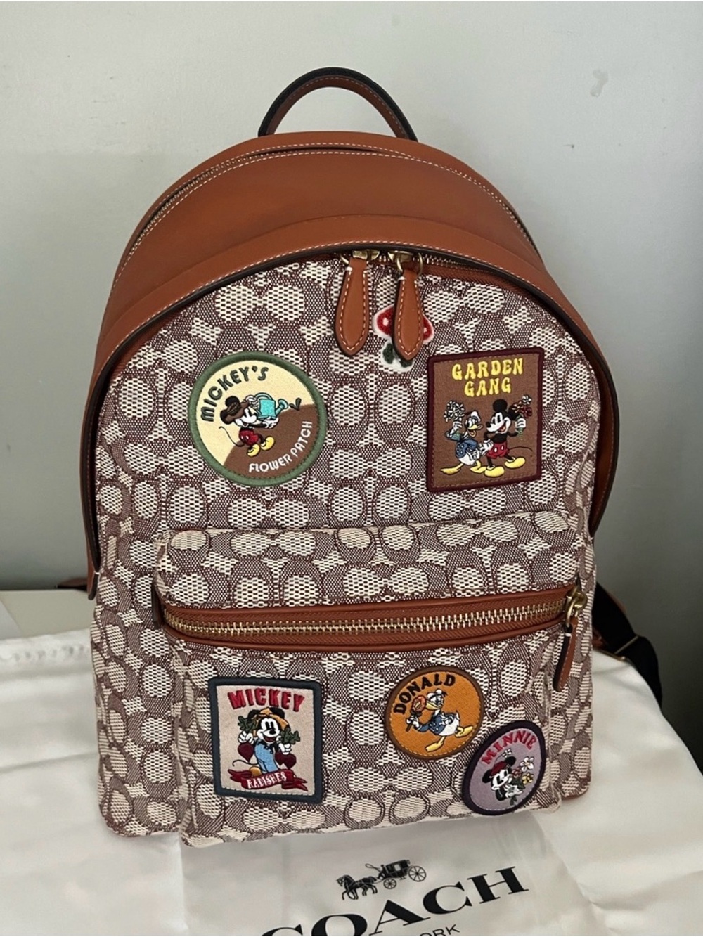Coach Brown Signature Canvas Backpack with Disney Patch Accents